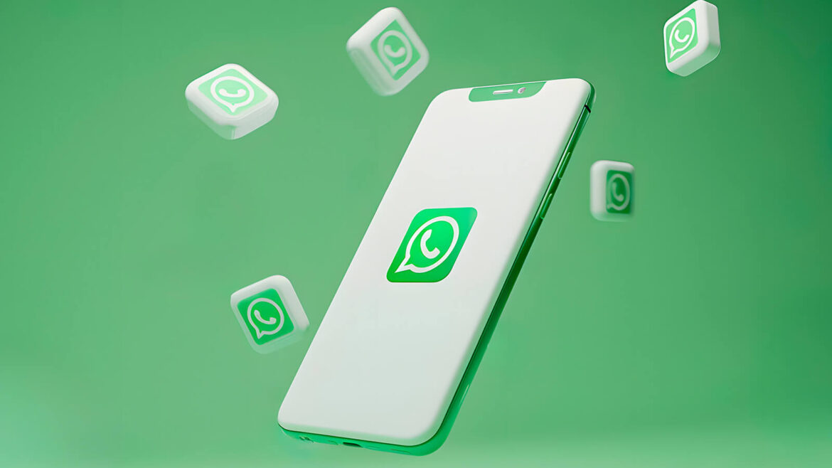 Time de vendas no WhatsApp - Imagem ilustrando o tema descrito inicialmente, onde tem um celular no formato 3d posicionado no centro da imagem com a logo do WhatsApp sobre um fundo verde e ícones, em volta, referentes a rede social e vendas.