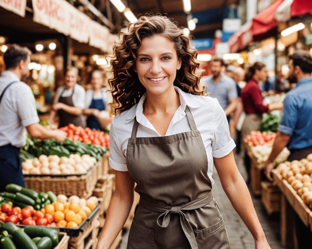 A imagem contém uma mulher parda de cabelos ondulados castanho, vestindo uma camisa de botão branca de manga curta e um avental marrom. De fundo, aparece uma feira de frutas e verduras.