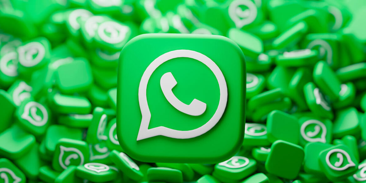 Conteúdos no WhatsApp - Imagem ilustrando o tema do artigo onde tem a logo do WhatsApp centralizada na imagem sobre um fundo cheio de logos do whatsapp amontoadas.