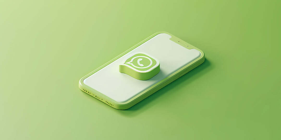 Prova social no WhatsApp - Fundo verde em degradê com a ilustração de um celular deitado na diagonal com a logo do WhatsApp no formato 3D centralizada.