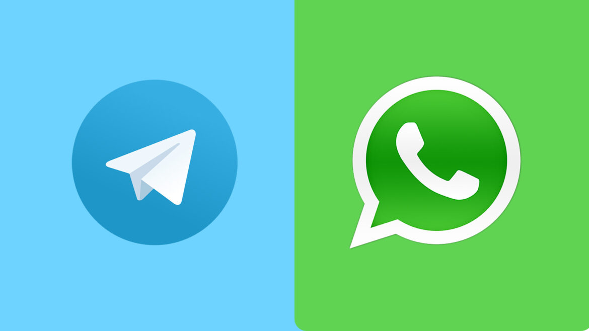 WhatsApp ou Telegram - Imagem ilustrando as duas redes sociais, sendo metade dela azul e com o logo tipo do Telegram centralizada e, a outra metade, na cor verde com a logo do WhatsApp no centro.