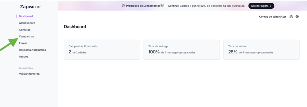 Tela de Dashboard do Zapmizer com seta verde apontando para o botão de Campanhas