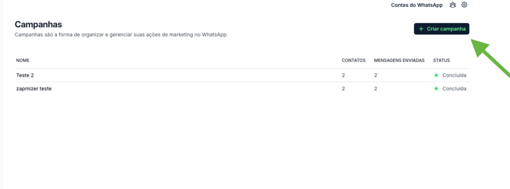 Tela de Campanhas do Zapmizer, com seta aponando para o botão Criar campanha