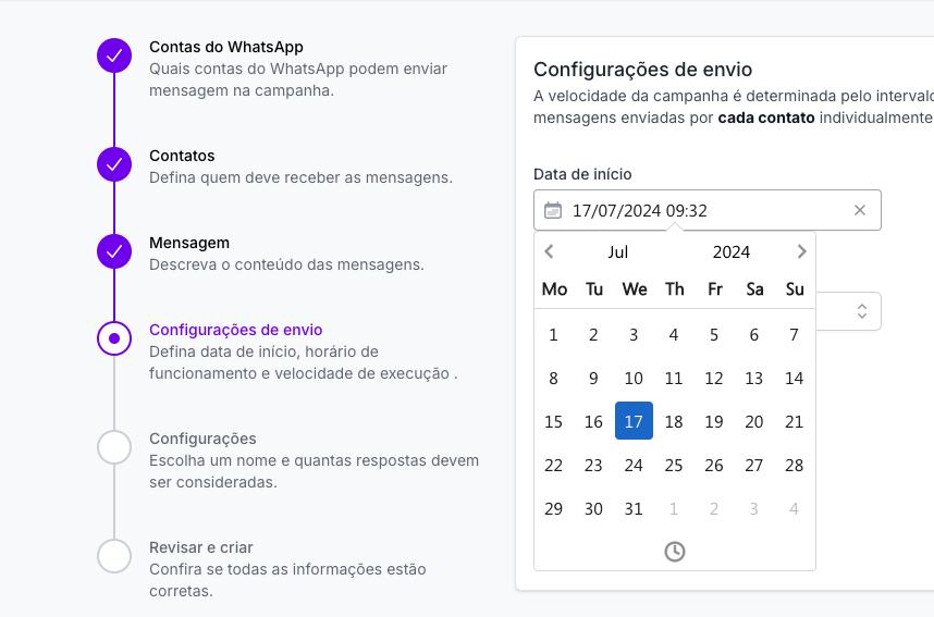 Etapa da criação da campanha onde se escolhe a data de inicio da mesma