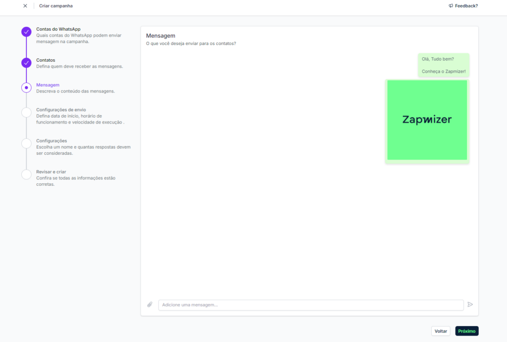 Print de da tela do Zapmizer onde o usuário configura a mensagem do fluxo da campanha.