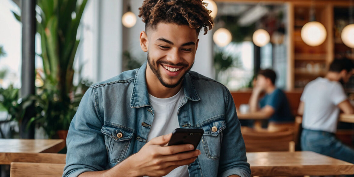 Segurança no WhatsApp Business - A imagem que ilustra o tema tem o fundo de um estabelecimento com mesas e ambiente aconchegante onde aparecem duas pessoas sentadas. Em destaque, na foto, aparece um homem negro, de cabelo curto crespo, usando uma camisa de botão jeans sobre uma camisa branca, segurando um celular e sorrindo para ele.