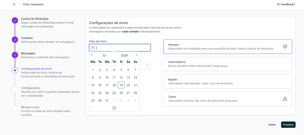 Print de da tela do Zapmizer onde o usuário configura a hora e dia que a mensagem do fluxo da campanha será disparada.