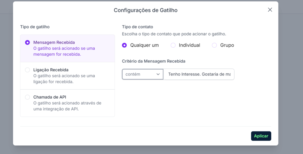 Aba de configuração do gatilho do fluxo de conversa do zapmizer