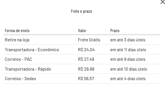 Frete - Imagem da tela de opções de frete da loja Platô.