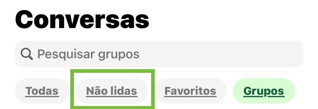 Print do painel de recursos do WhatsApp onde aparecem as listas disponíveis na rede, são elas: Todas, Não Lidas, Favoritos, Grupos.