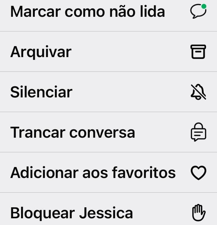 Print do painel de ações em uma conversa dentro do WhatsApp, onde aparecem as opções marcar como não lida, arquivar, silenciar, trancar conversa, adicionar aos favoritos, bloquear.