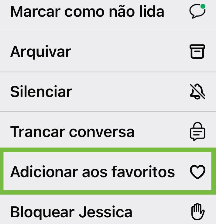 Print do painel de ações em uma conversa dentro do WhatsApp, onde aparecem as opções marcar como não lida, arquivar, silenciar, trancar conversa, adicionar aos favoritos, bloquear.