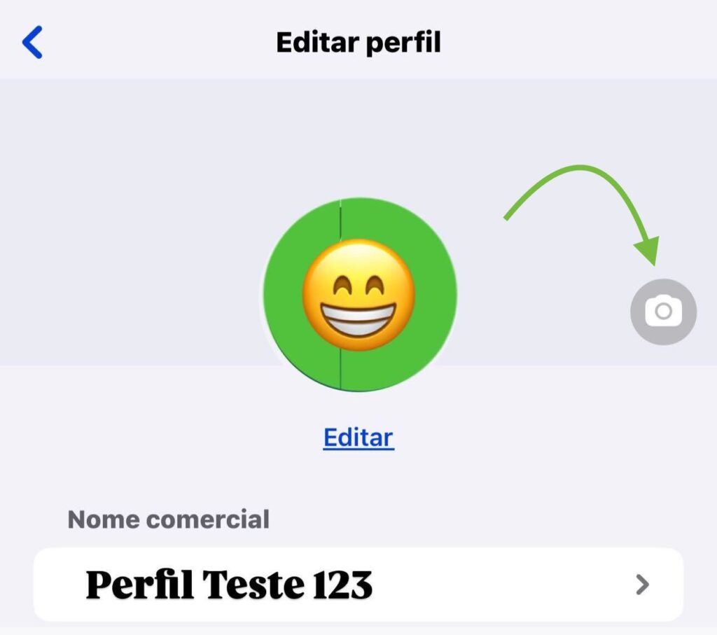 Print do painel de perfil do WhatsApp Business onde fica o ícone para adicionar uma capa. 