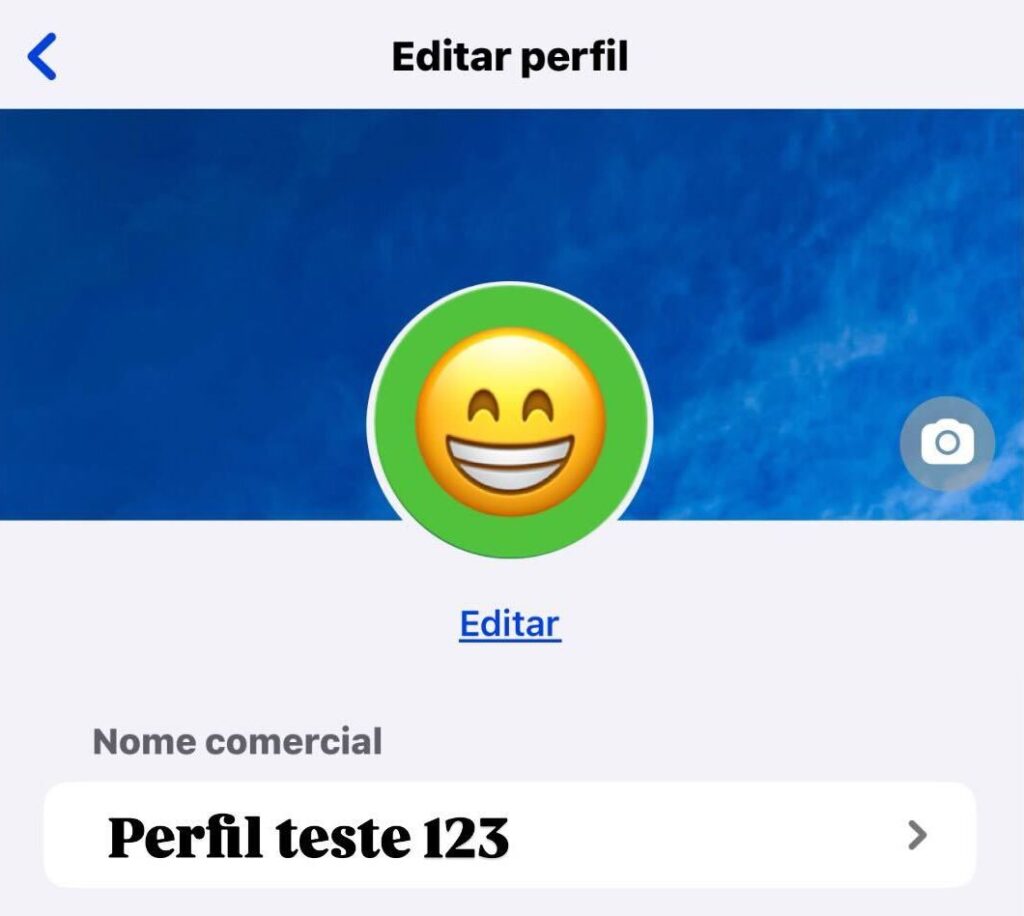 Print do painel de perfil do WhatsApp Business com uma capa adicionada. 