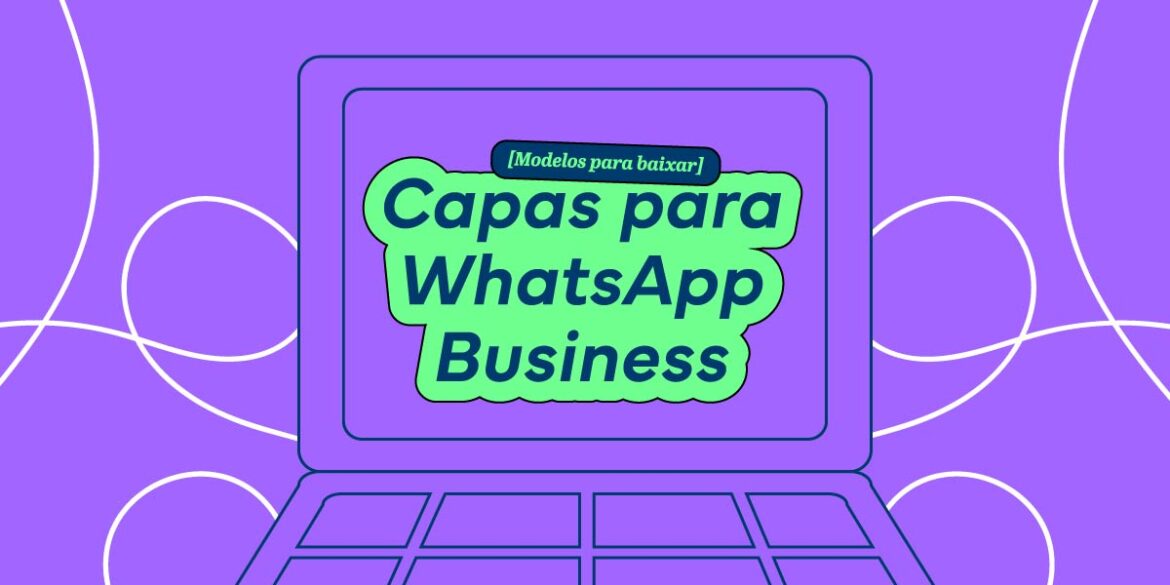 Capas do WhatsApp Business - A imagem que ilustra o tema tem o fundo roxo com linhas onduladas branca. No meio, tem o desenho de um notebook e na tela tem escrito 