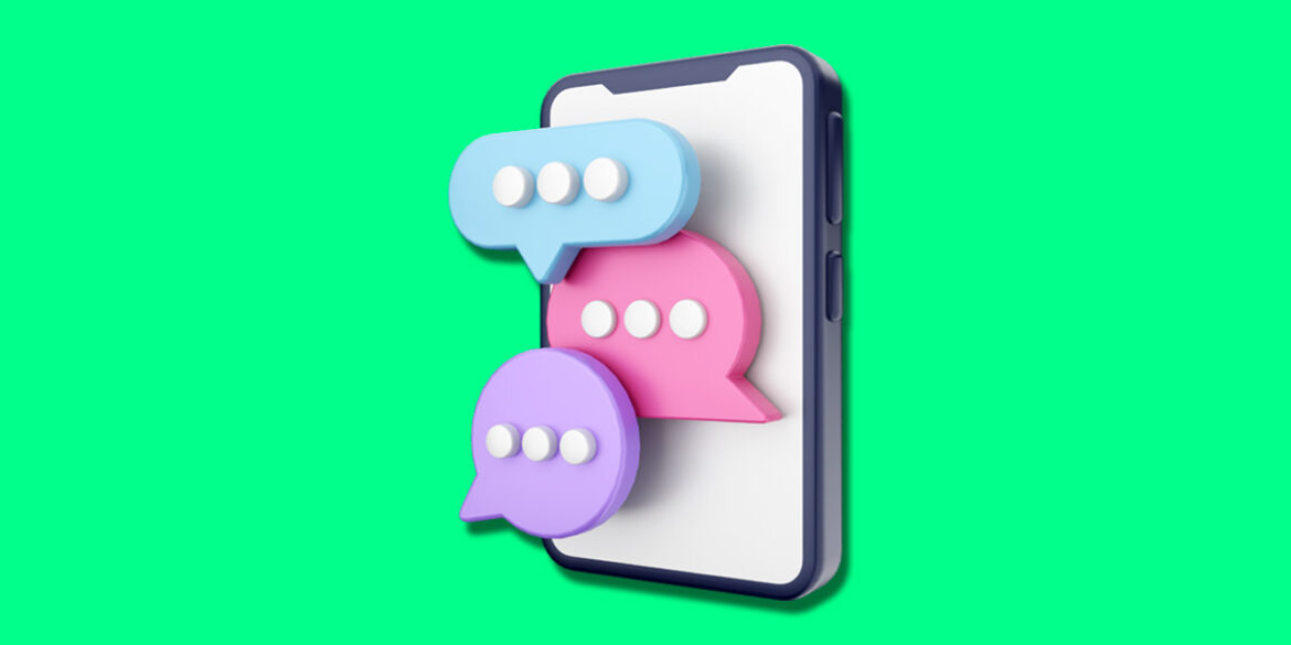 Click to Chat - A imagem que ilustra o tema tem o fundo verde e no meio um desenho 3D de um celular com balões de conversa.