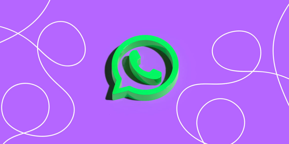 Métricas do WhatsApp - a imagem que ilustra o tema tem o fundo roxo com linhas brancas e a logo do WhatsApp em destaque no meio na cor verde.