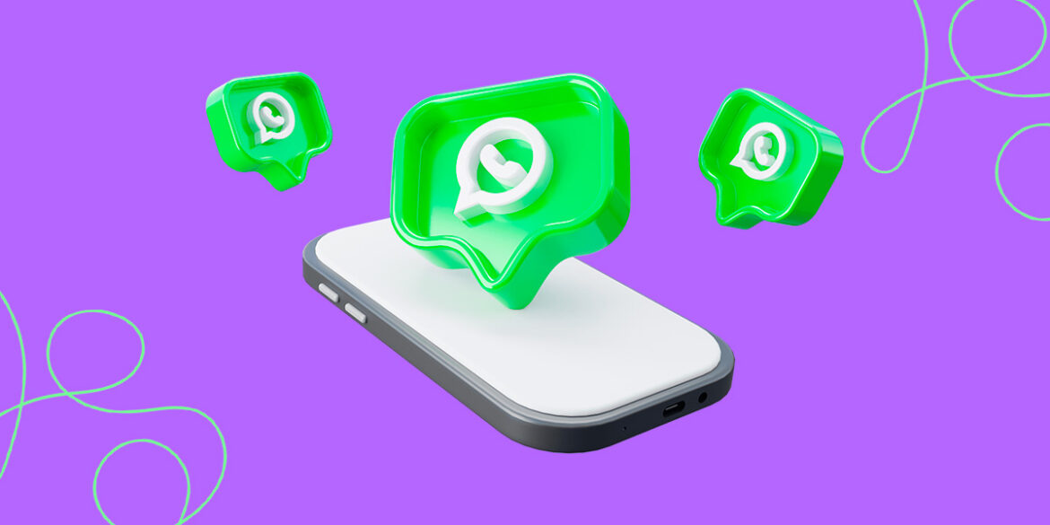 presença de marca com o WhatsApp - A imagem que ilustra o tema tem o fundo roxo com um mockup de celular e ícones verdes com a logo do WhatsApp dentro.