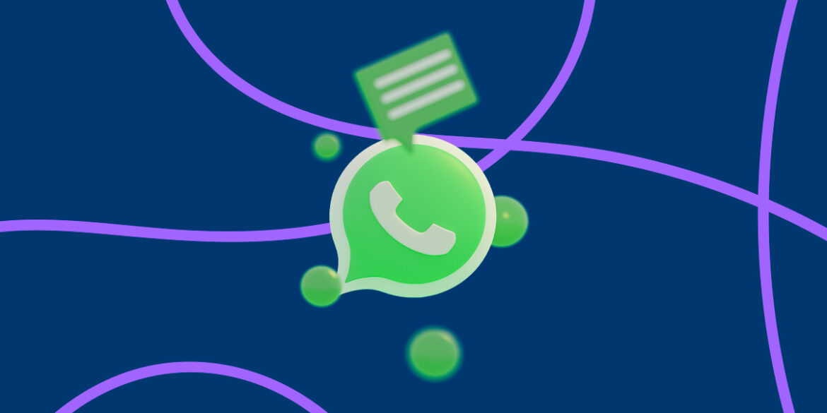 Agendamento no WhatsApp - A imagem que ilustra o tema tem o fundo azul escuro com linhas roxas e, no meio, a logo do WhatsApp na cor verde e em cima dela um balão de mensagem.