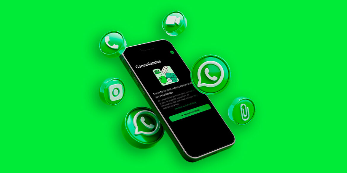 Imagem do recurso comunidades do Whatsapp, ilustrada num mockup de celular.