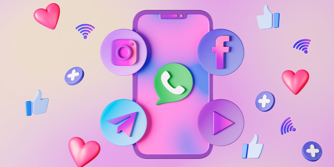 arte de um mokcup de celular com o logotipo do whatsApp no centro.