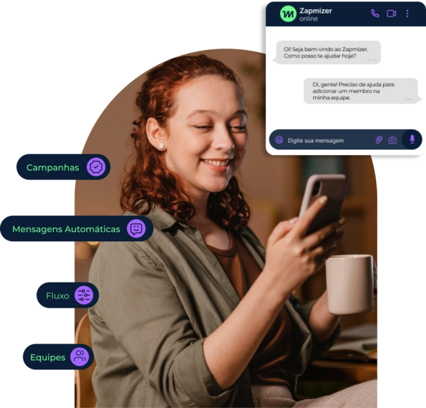 Mulher sorridente segurando um smartphone, com interface do aplicativo Zapmizer exibindo uma conversa sobre adicionar um membro à equipe. Ícones ao lado destacam recursos como campanhas, mensagens automáticas, fluxo e equipes.